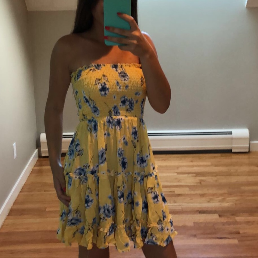 Blue & Yellow Floral Strapless Dress